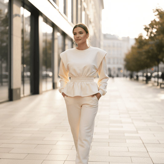 Elegantni Peplum Trenerka Set - Krem – Ženska odjeća – Univerzalna – slika 1