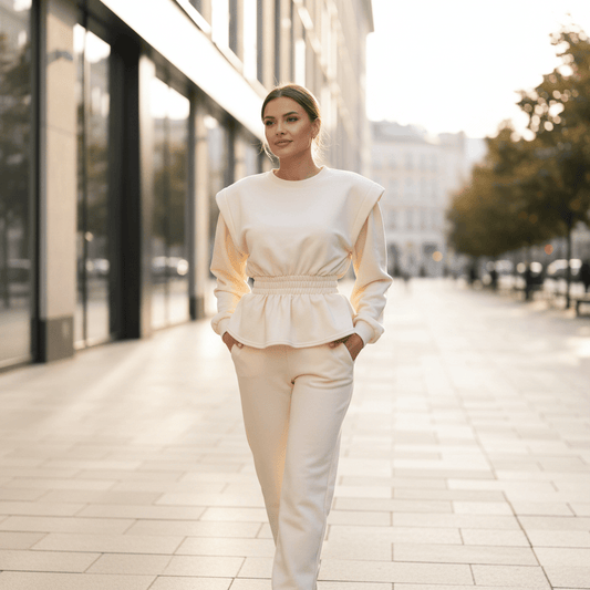 Elegantni Peplum Trenerka Set - Krem – Ženska odjeća – Univerzalna – slika 1