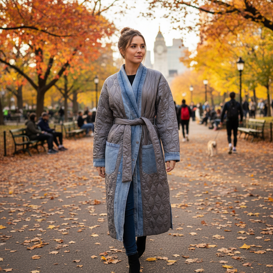 Elegantni Prošiveni Mantil sa Denim Detaljima – Kaputi i jakne – S Siva/Denim – slika 1