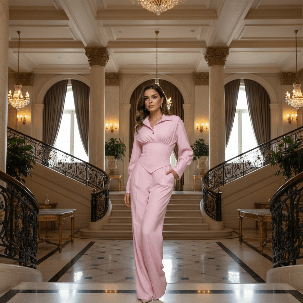 Elegantni Rozi Komplet Košulja i Hlače s Korzet – Ženska Odjeća – Univerzalna Roza – slika 4