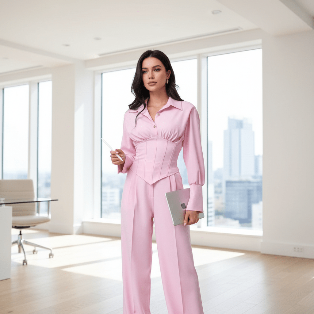 Elegantni Rozi Komplet Košulja i Hlače s Korzet – Ženska Odjeća – Univerzalna Roza – slika 1