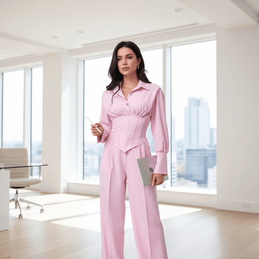 Elegantni Rozi Komplet Košulja i Hlače s Korzet – Ženska Odjeća – Univerzalna Roza – slika 1