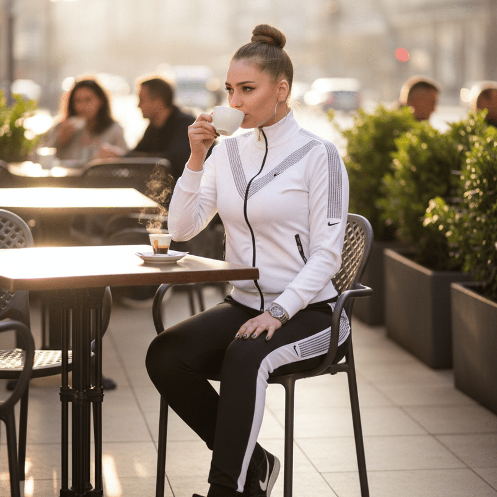 Elegantni Sportski Komplet - Bijela Jakna i Crne Hlače – Ženske trenirke – S – slika 1