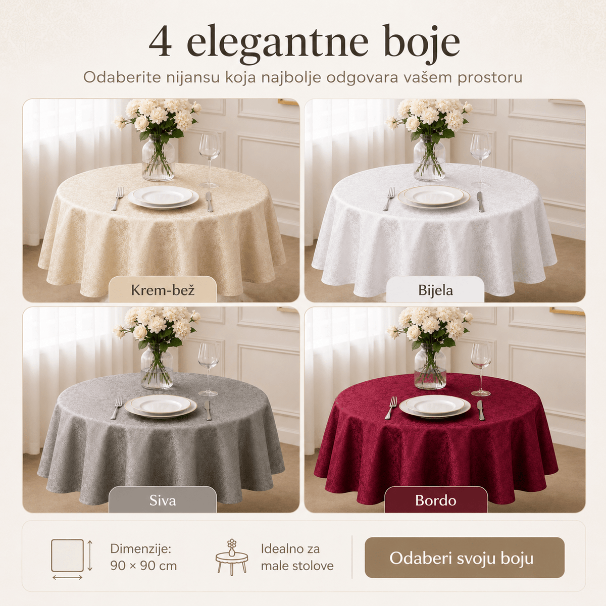 Elegantni Stolnjak 90 × 90 cm – Stolnjaci – Krem-bež – slika 4
