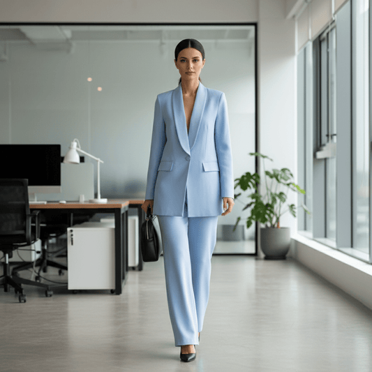 Elegantni Svijetloplavi Ženski Komplet Sako i Hlače – Ženska odjeća – Univerzalna Svijetloplava – slika 1