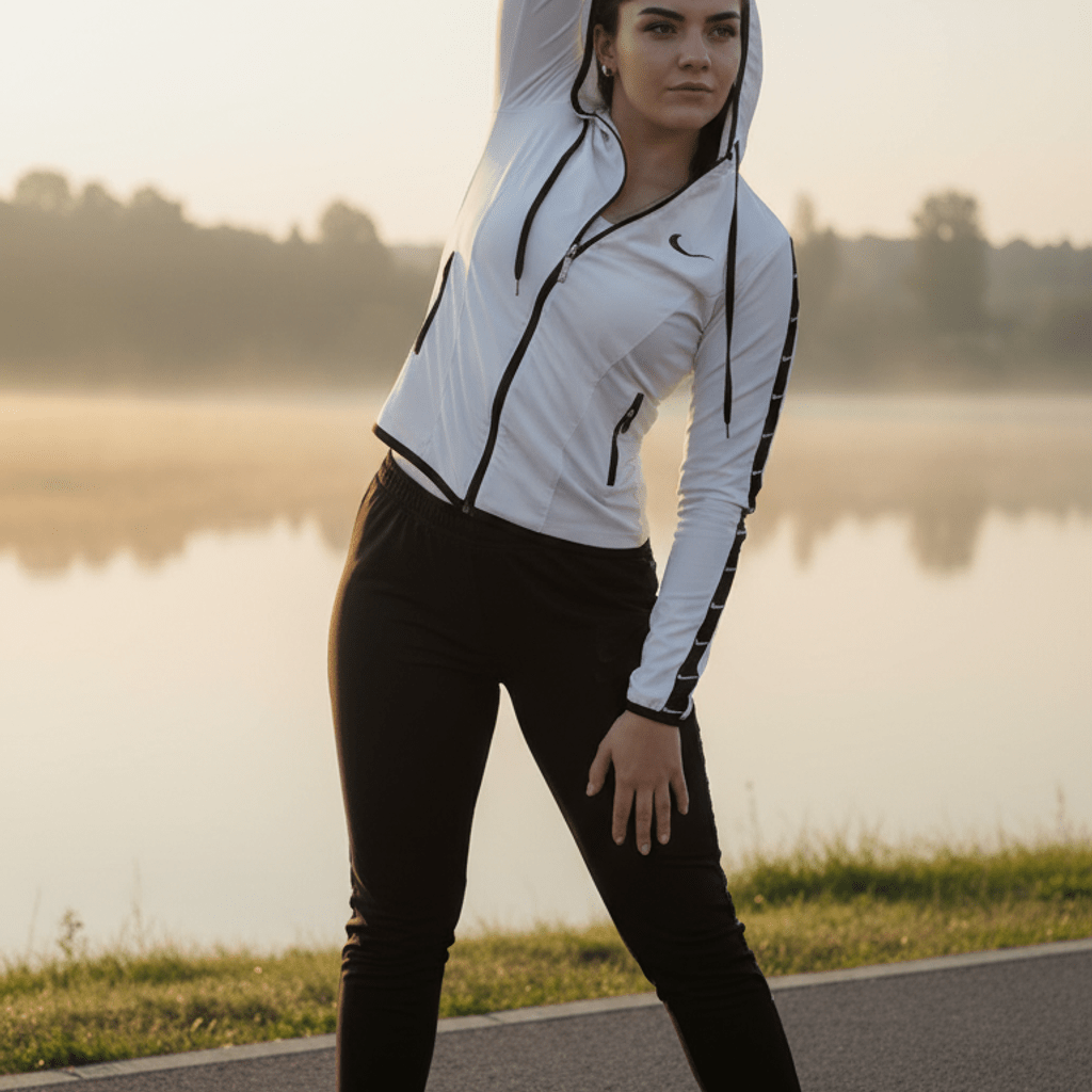 Elegantni Ženski Sportski Komplet – Trenerka – S Bijela/Crna – slika 3