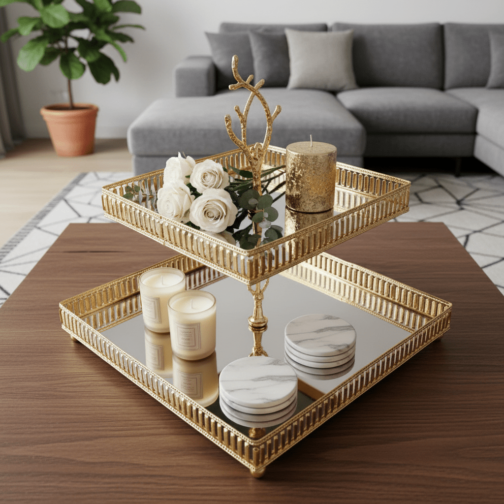 Elegantni Zlatni Dvostruki Pladanj za Serviranje sa Ogledalom – Serviranje i dekoracija – Zlatna – slika 3