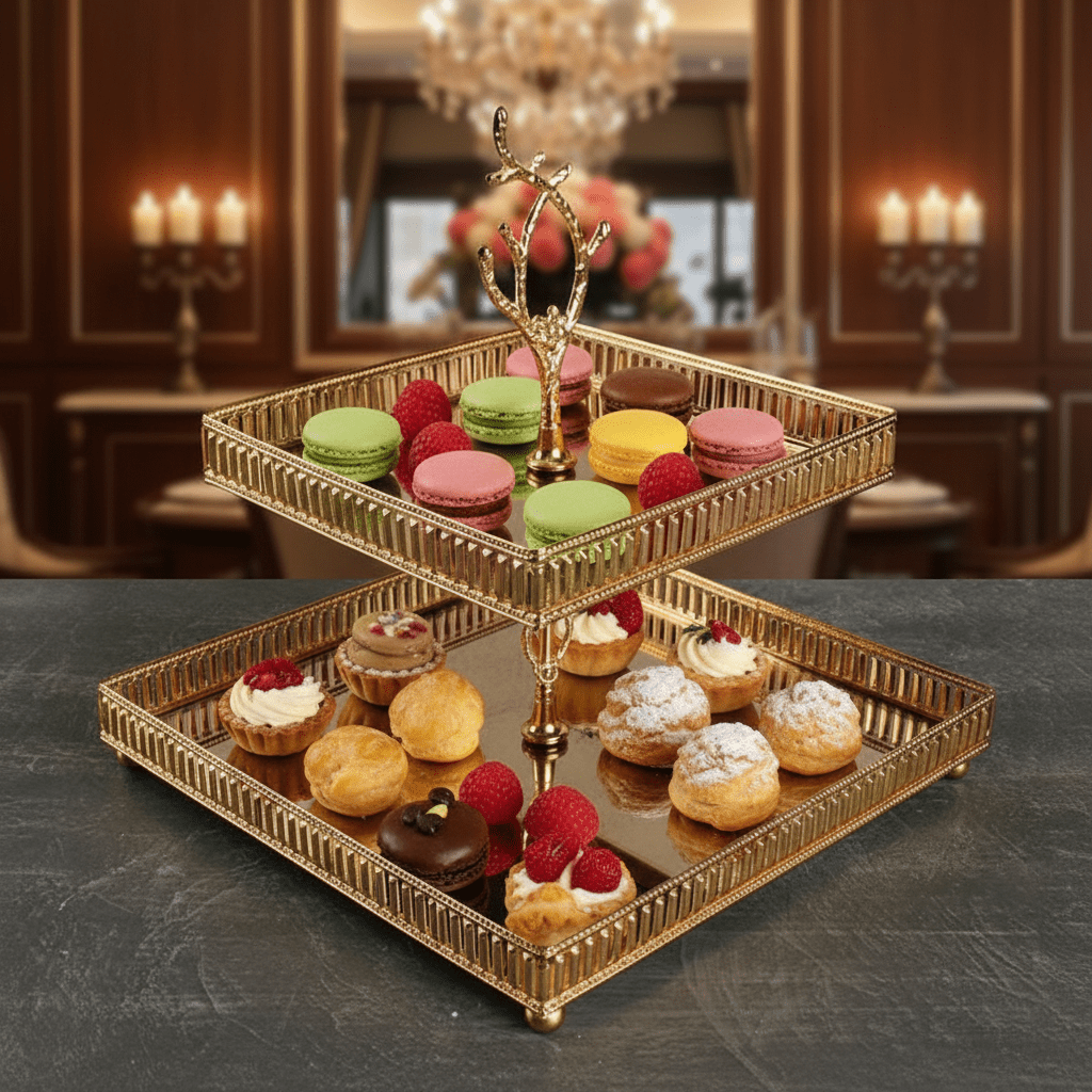 Elegantni Zlatni Dvostruki Pladanj za Serviranje sa Ogledalom – Serviranje i dekoracija – Zlatna – slika 2