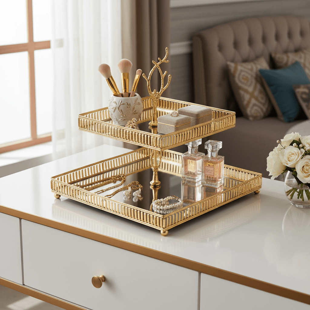 Elegantni Zlatni Dvostruki Pladanj za Serviranje sa Ogledalom – Serviranje i dekoracija – Zlatna – slika 5