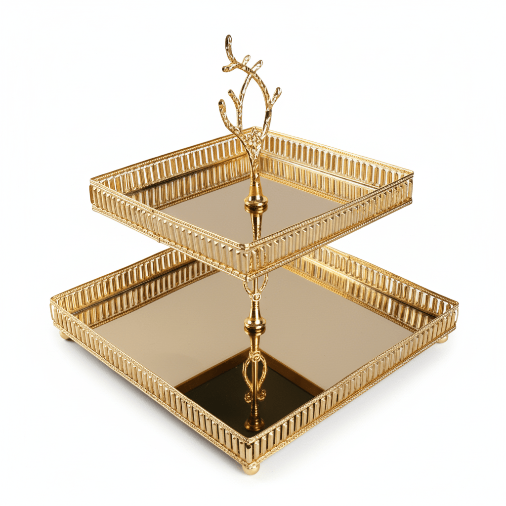 Elegantni Zlatni Dvostruki Pladanj za Serviranje sa Ogledalom – Serviranje i dekoracija – Zlatna – slika 1