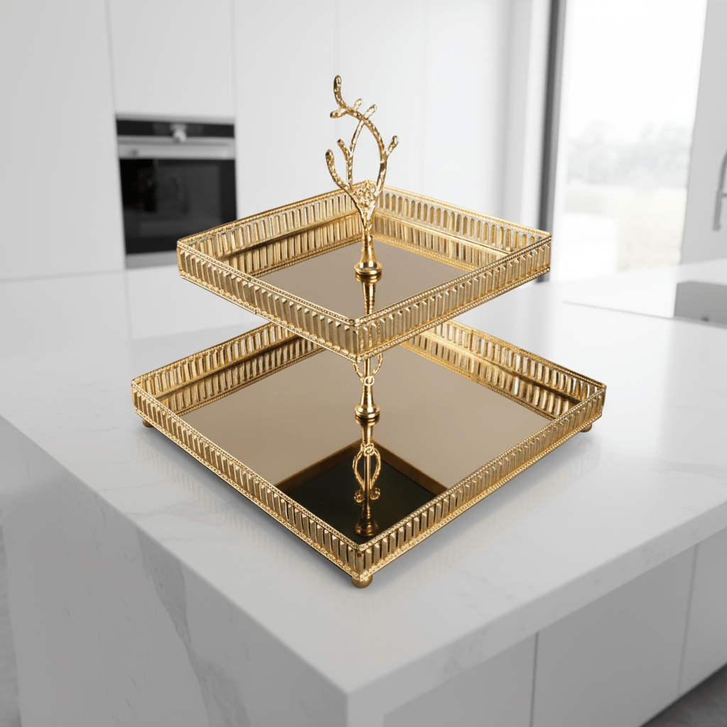 Elegantni Zlatni Dvostruki Pladanj za Serviranje sa Ogledalom – Serviranje i dekoracija – Zlatna – slika 6