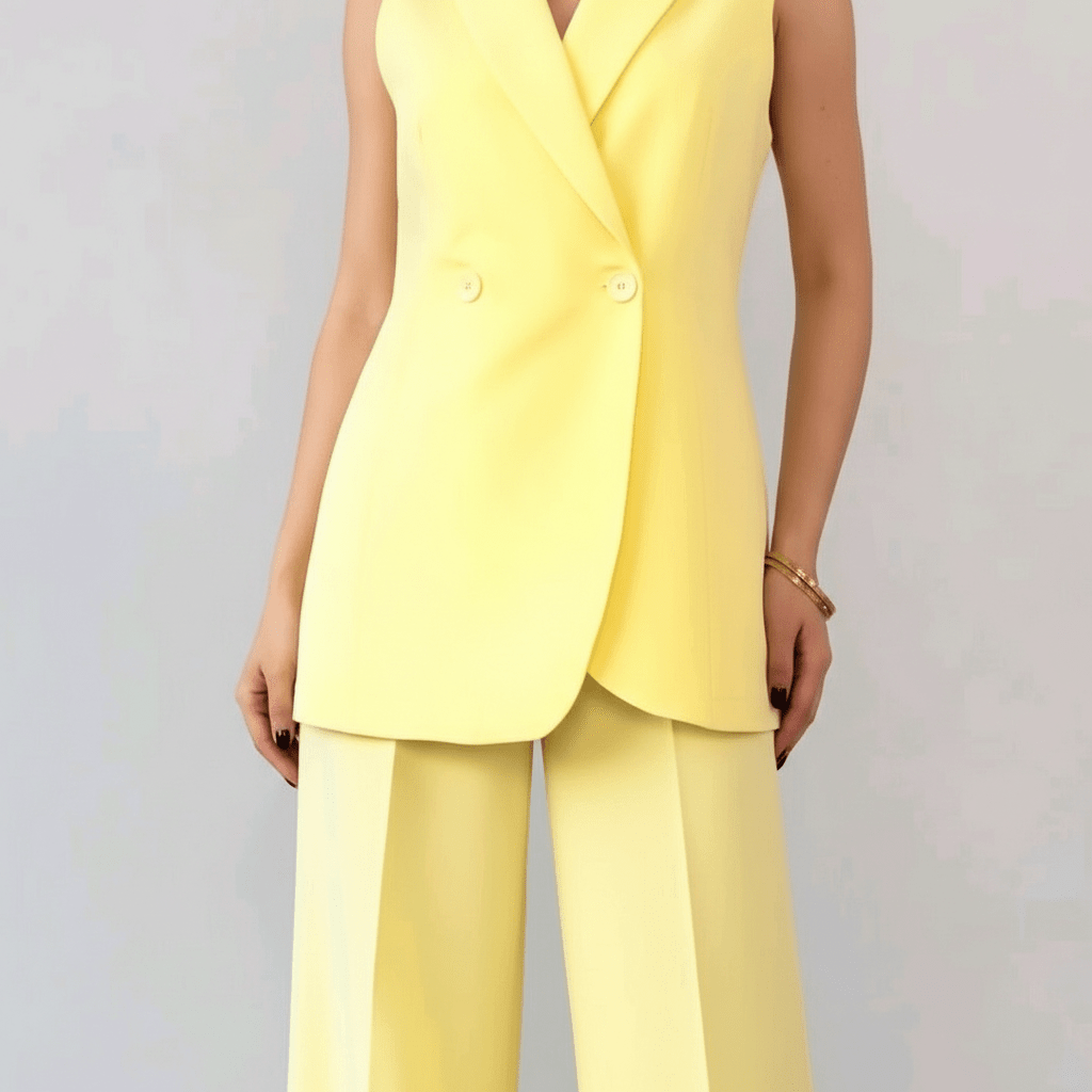 Elegantni Žuti Dvodijelni Komplet: Šik Prsluk Blazer i Široke Hlače – Ženska odjeća – Univerzalna Žuta – slika 5