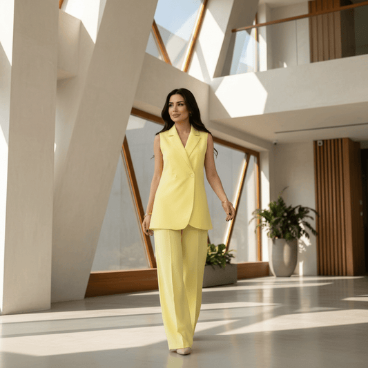 Elegantni Žuti Dvodijelni Komplet: Šik Prsluk Blazer i Široke Hlače – Ženska odjeća – Univerzalna Žuta – slika 1
