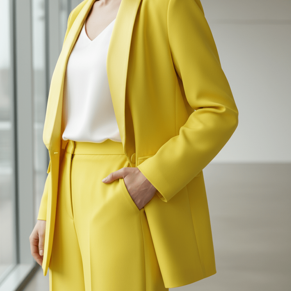 Elegantni Žuti Komplet: Poslovni Blazer i Hlače Širokih Nogavica – Ženski kompleti – Univerzalna Žuta – slika 5