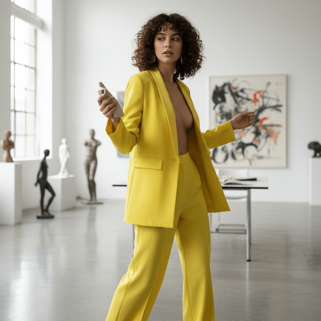 Elegantni Žuti Komplet: Poslovni Blazer i Hlače Širokih Nogavica – Ženski kompleti – Univerzalna Žuta – slika 4