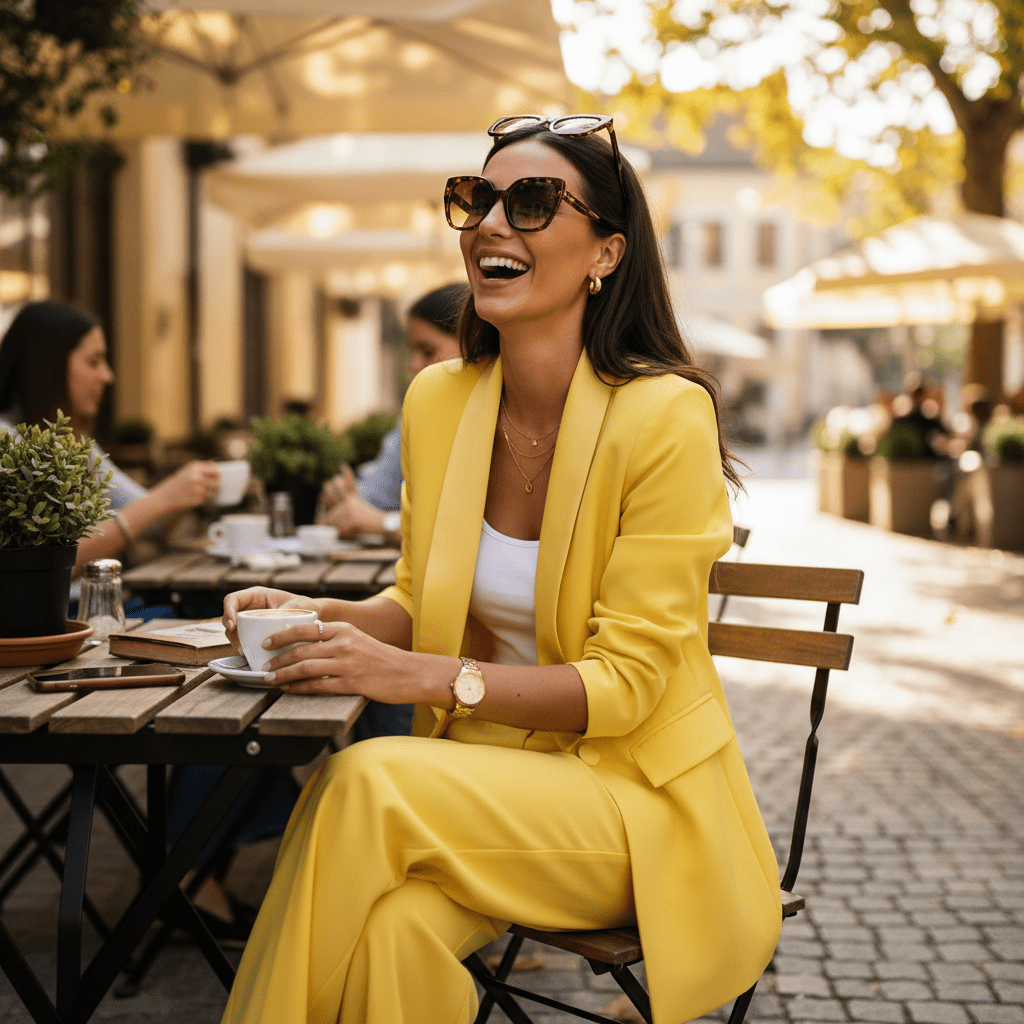 Elegantni Žuti Komplet: Poslovni Blazer i Hlače Širokih Nogavica – Ženski kompleti – Univerzalna Žuta – slika 1