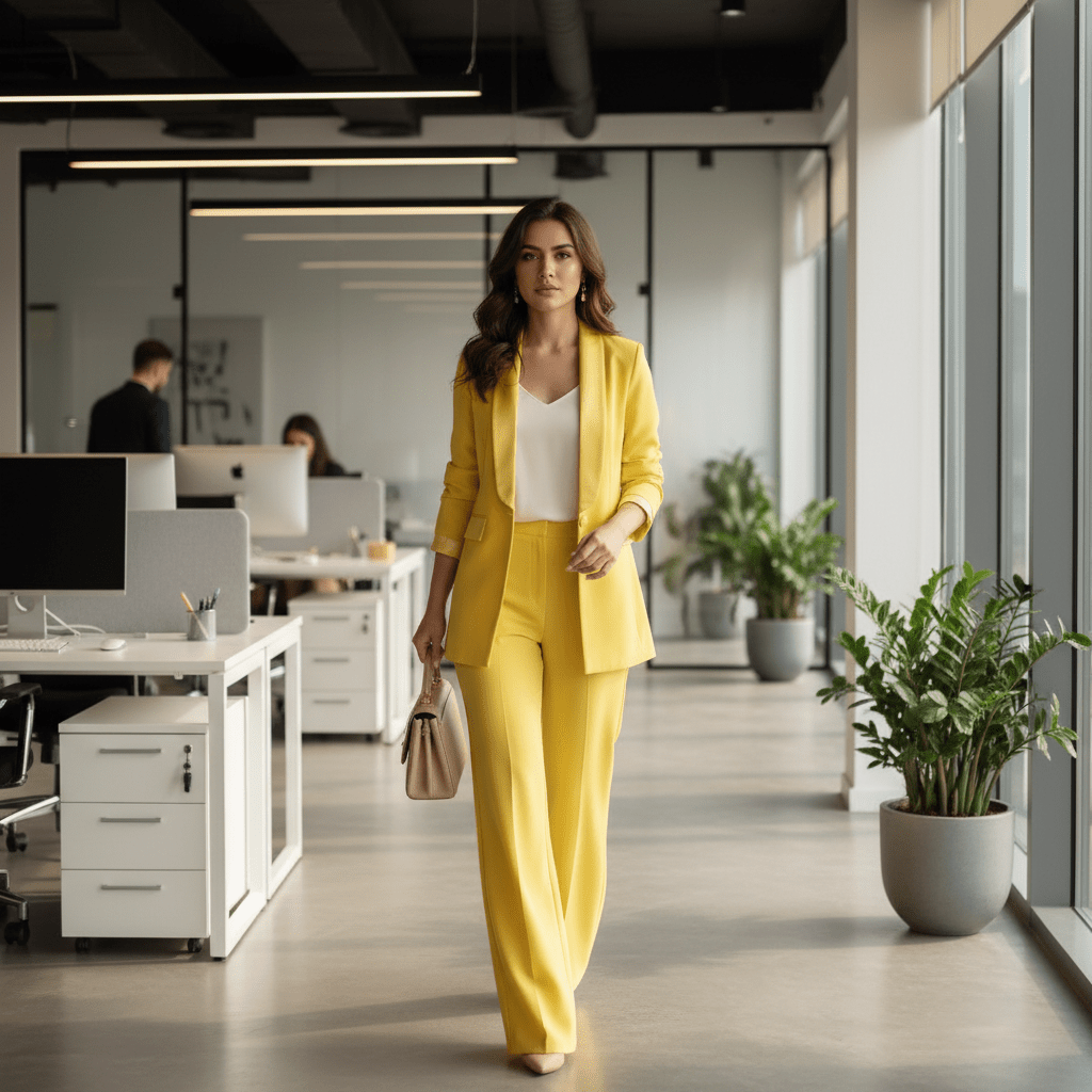 Elegantni Žuti Komplet: Poslovni Blazer i Hlače Širokih Nogavica – Ženski kompleti – Univerzalna Žuta – slika 2