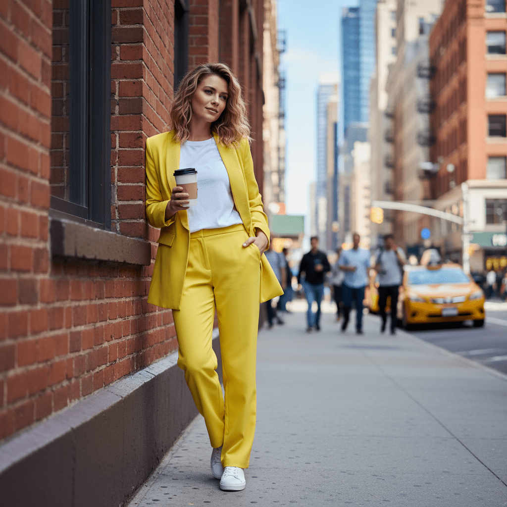 Elegantni Žuti Komplet: Poslovni Blazer i Hlače Širokih Nogavica – Ženski kompleti – Univerzalna Žuta – slika 3