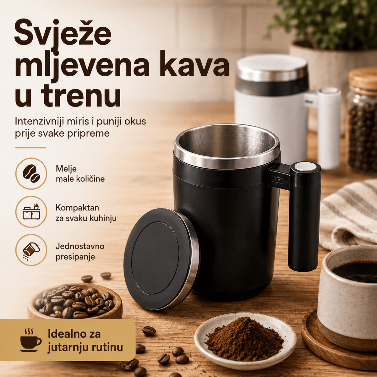 Električni mlinac u obliku šalice – za kavu – Mali kućanski aparati – Crna – slika 4
