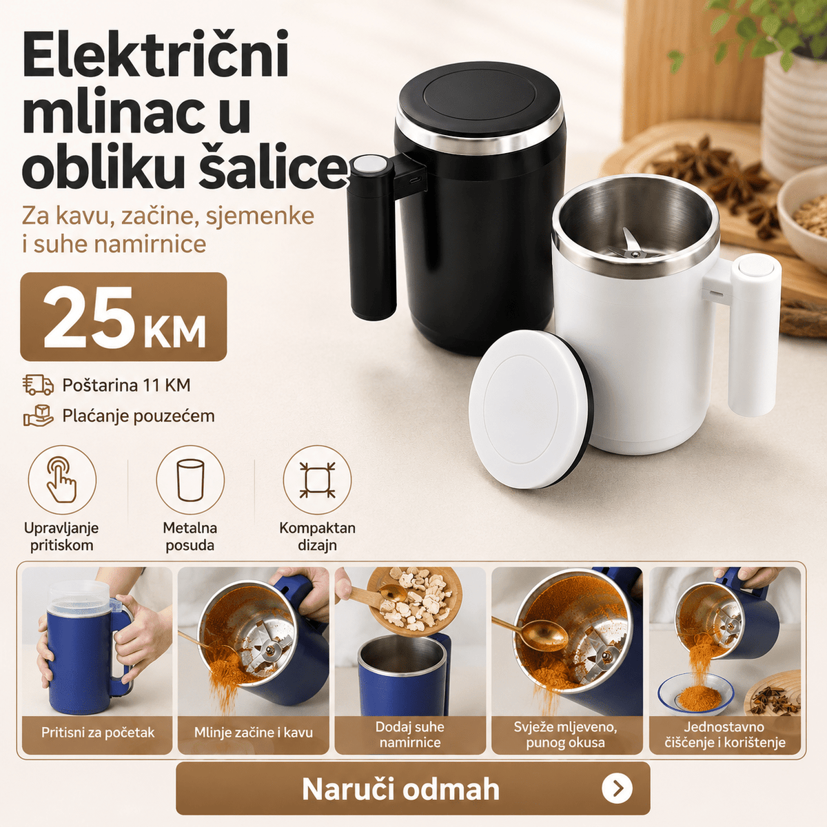 Električni mlinac u obliku šalice – za kavu – Mali kućanski aparati – Crna – slika 2