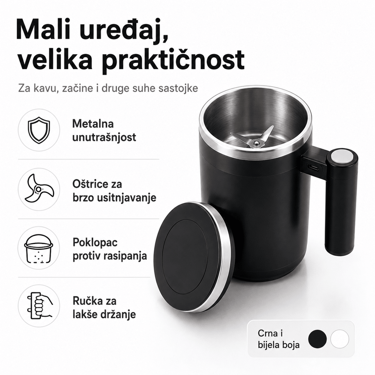Električni mlinac u obliku šalice – za kavu – Mali kućanski aparati – Crna – slika 6