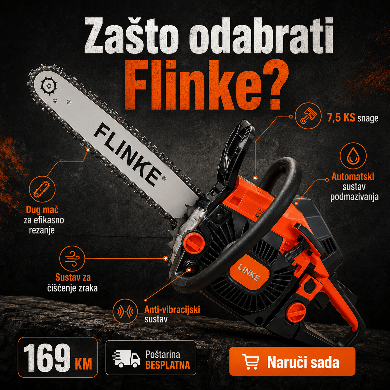 Flinke Motorna Pila 7,5 KS – Baštenske Mašine i Motori – – slika 5