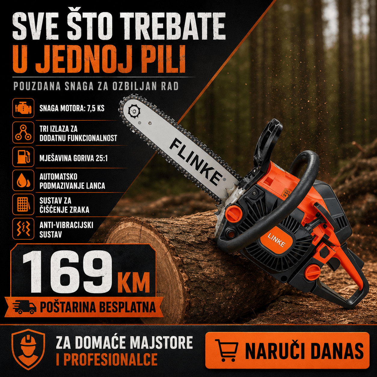 Flinke Motorna Pila 7,5 KS – Baštenske Mašine i Motori – – slika 3