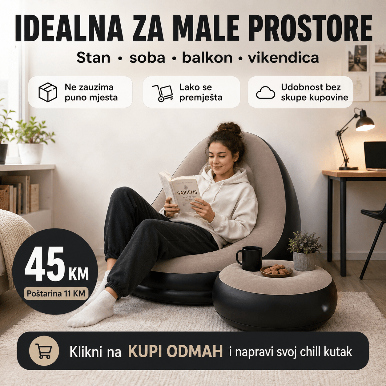 Fotelja s Tabureom – – Bež – slika 4