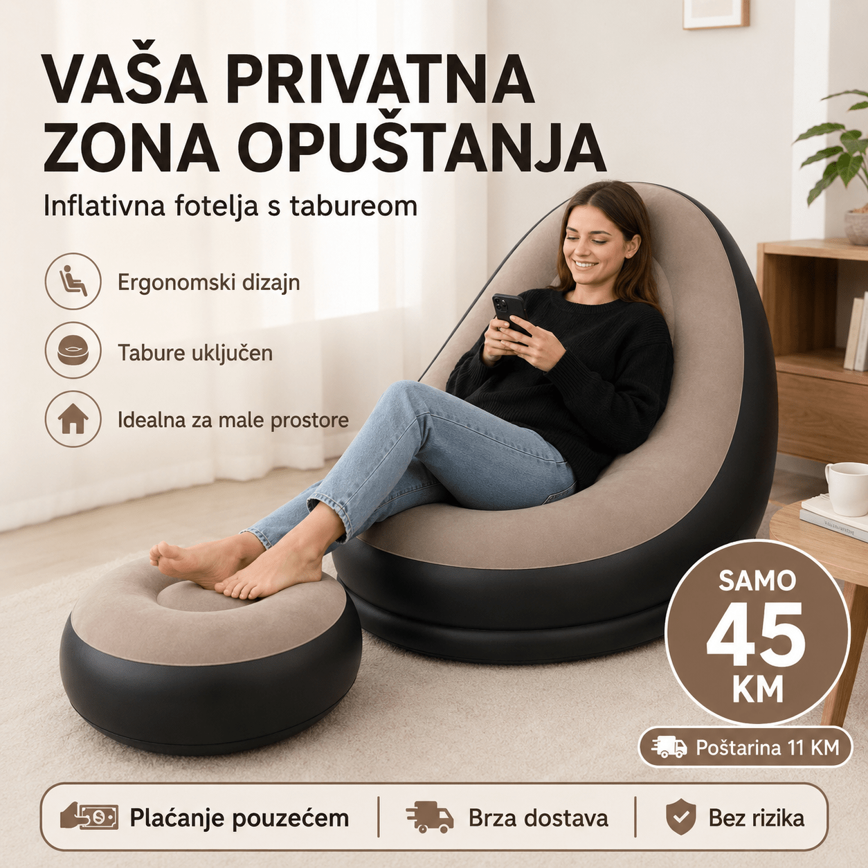 Fotelja s Tabureom – – Bež – slika 3