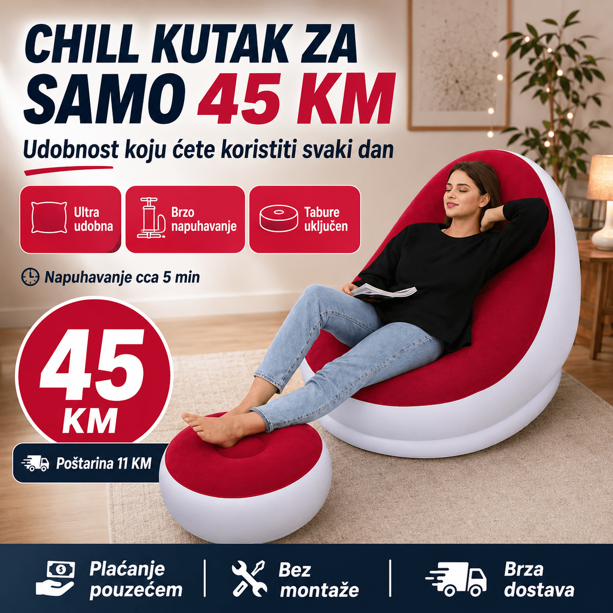 Fotelja s Tabureom – – Crvena – slika 5