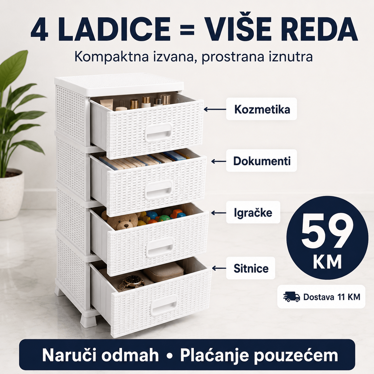 Komoda ratan s 4 ladice – Namještaj i Enterijer – Bijela – slika 11