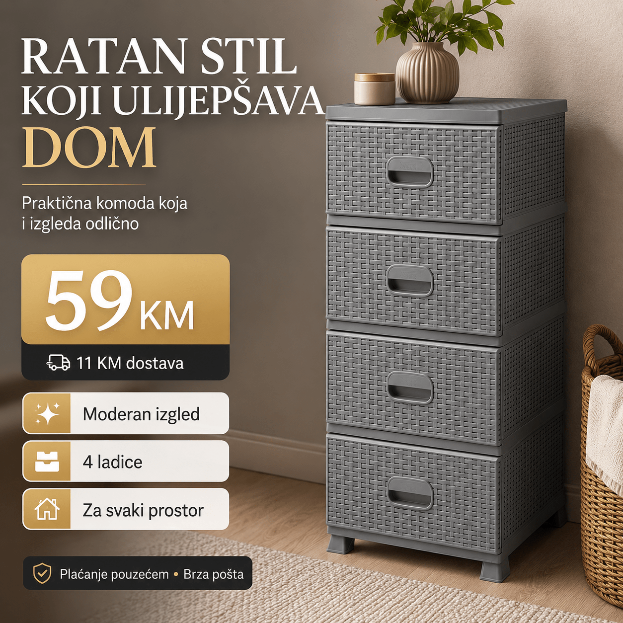 Komoda ratan s 4 ladice – Namještaj i Enterijer – Bijela – slika 21