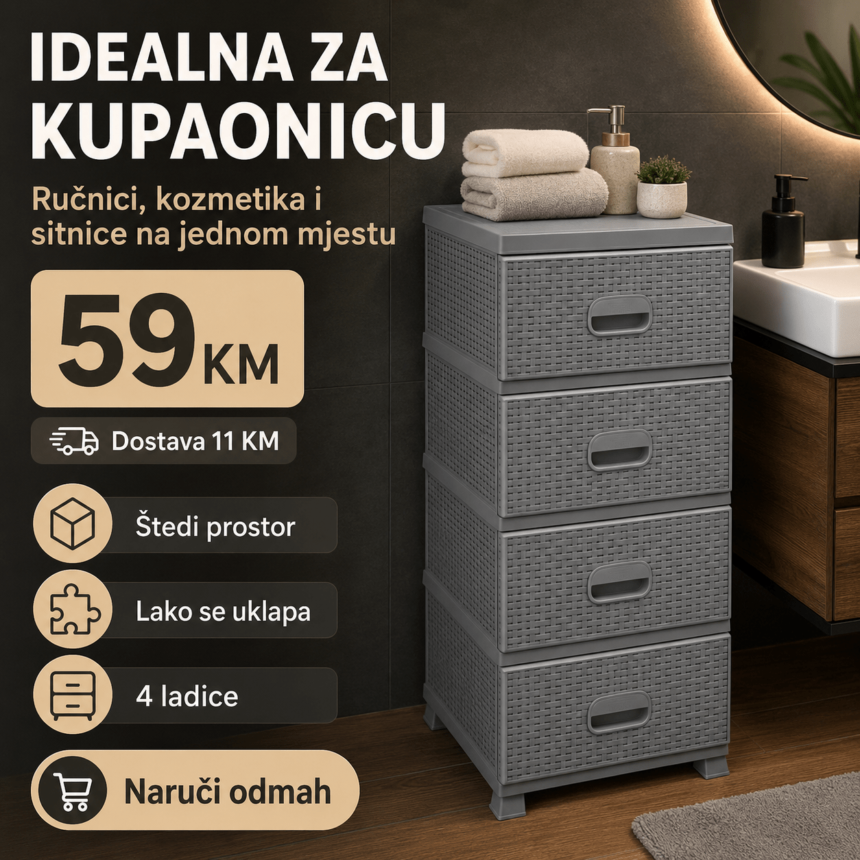 Komoda ratan s 4 ladice – Namještaj i Enterijer – Bijela – slika 8
