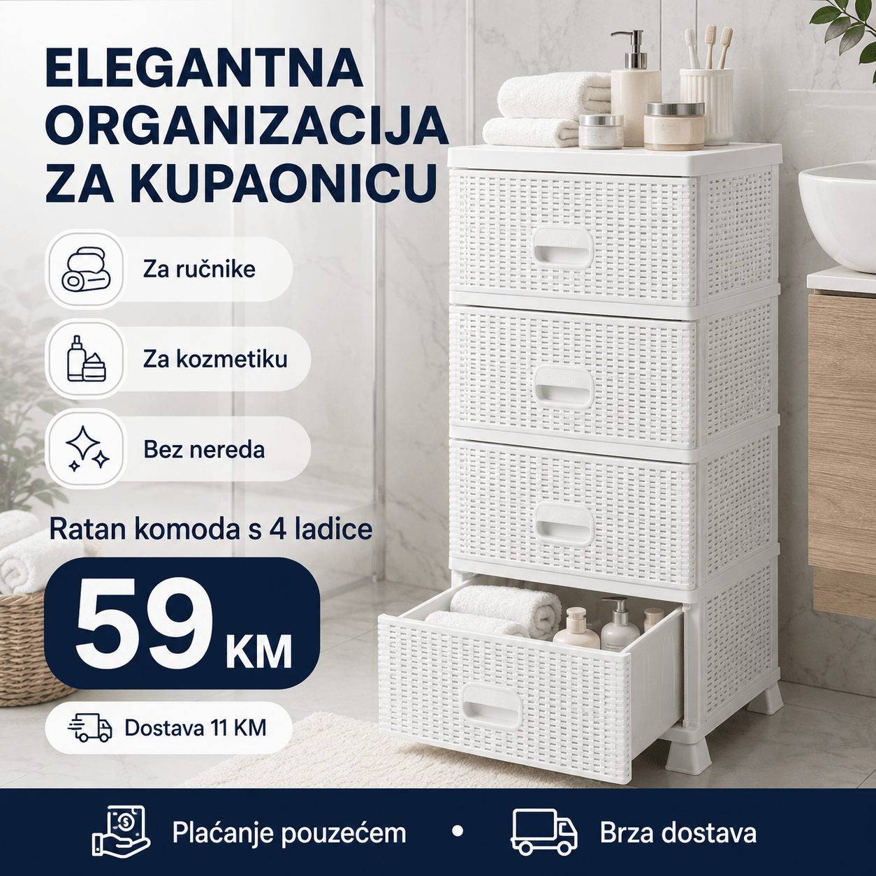 Komoda ratan s 4 ladice – Namještaj i Enterijer – Bijela – slika 6