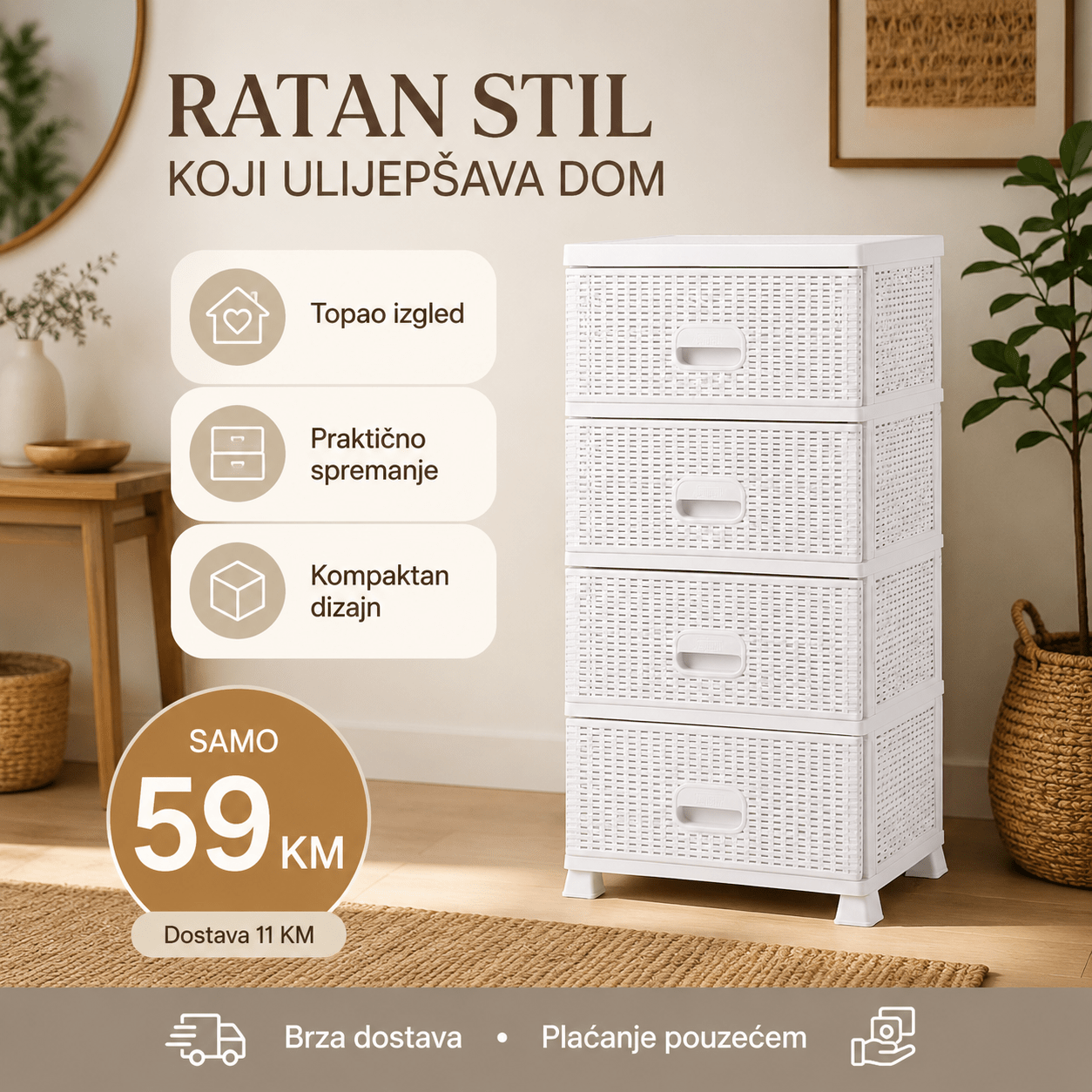 Komoda ratan s 4 ladice – Namještaj i Enterijer – Bijela – slika 13