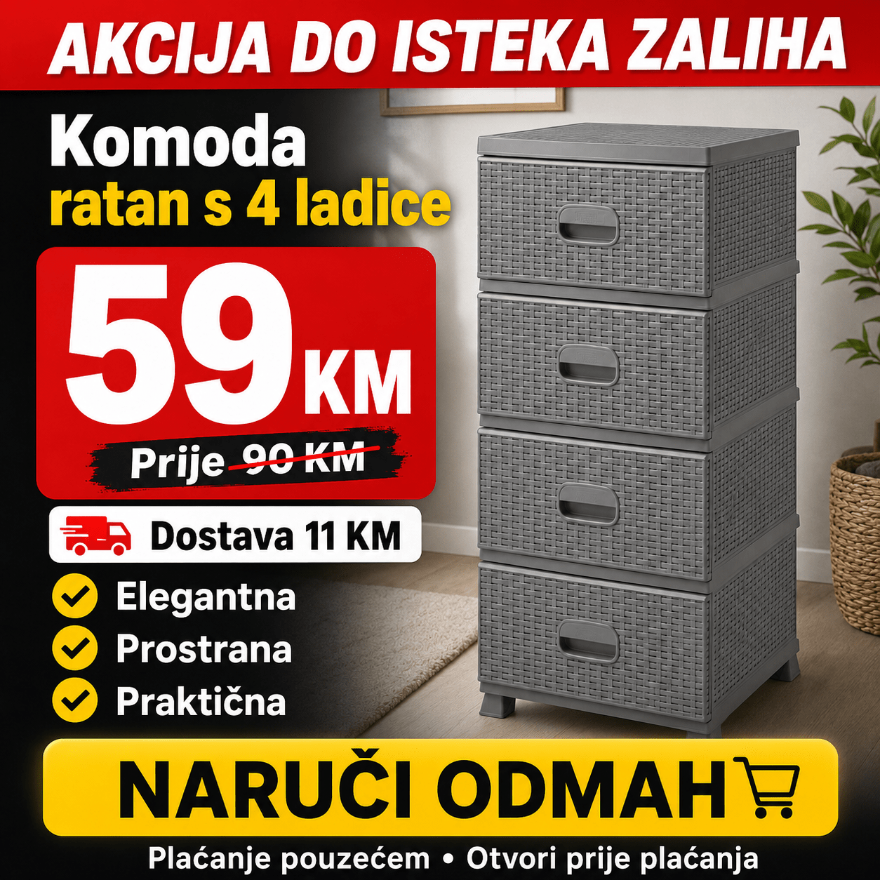 Komoda ratan s 4 ladice – Namještaj i Enterijer – Bijela – slika 5