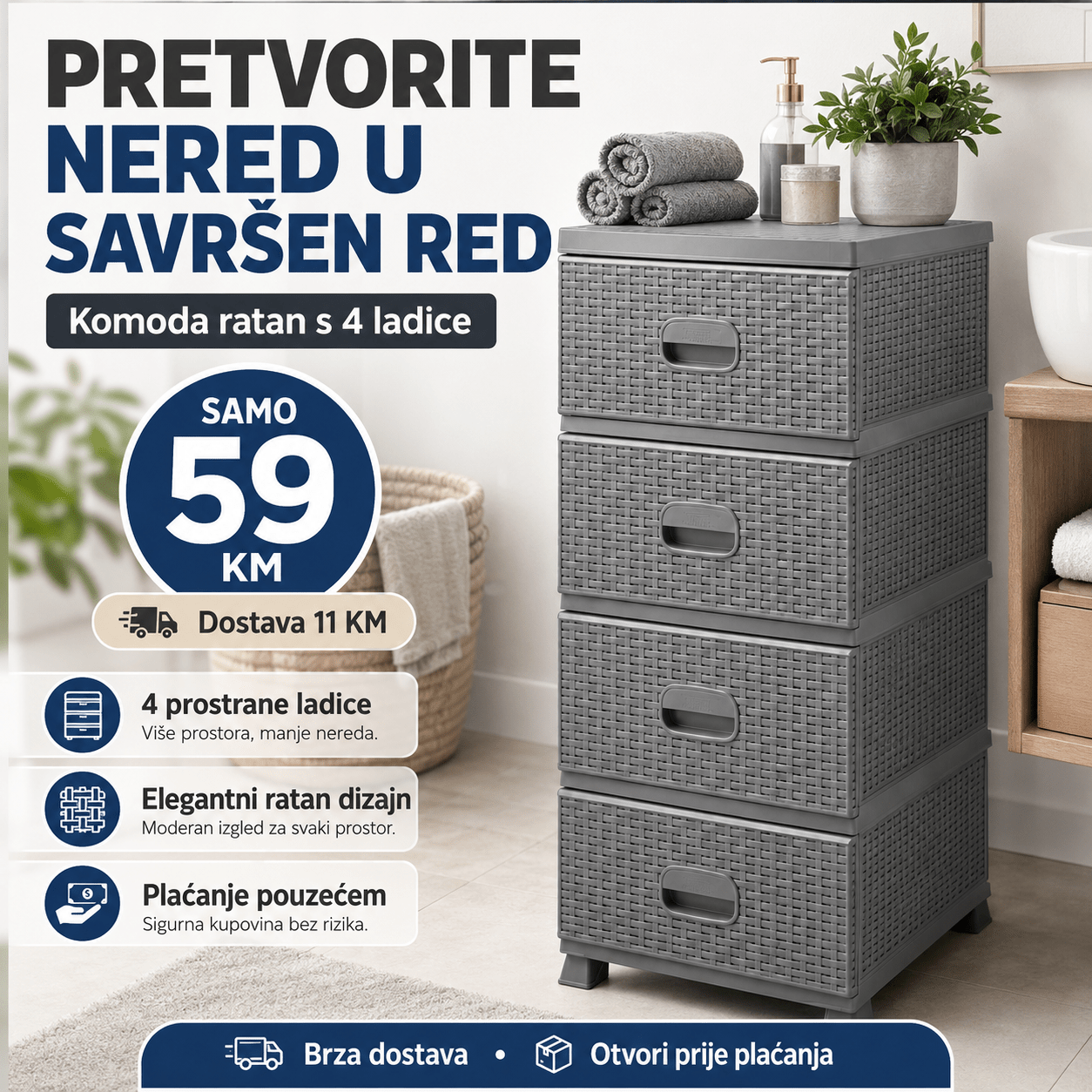 Komoda ratan s 4 ladice – Namještaj i Enterijer – Bijela – slika 10