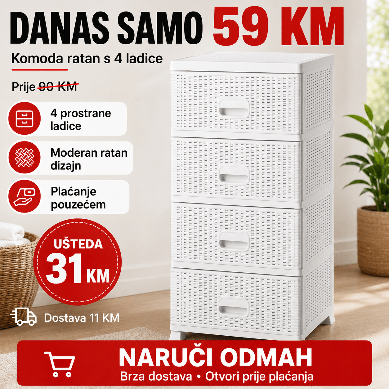 Komoda ratan s 4 ladice – Namještaj i Enterijer – Bijela – slika 14