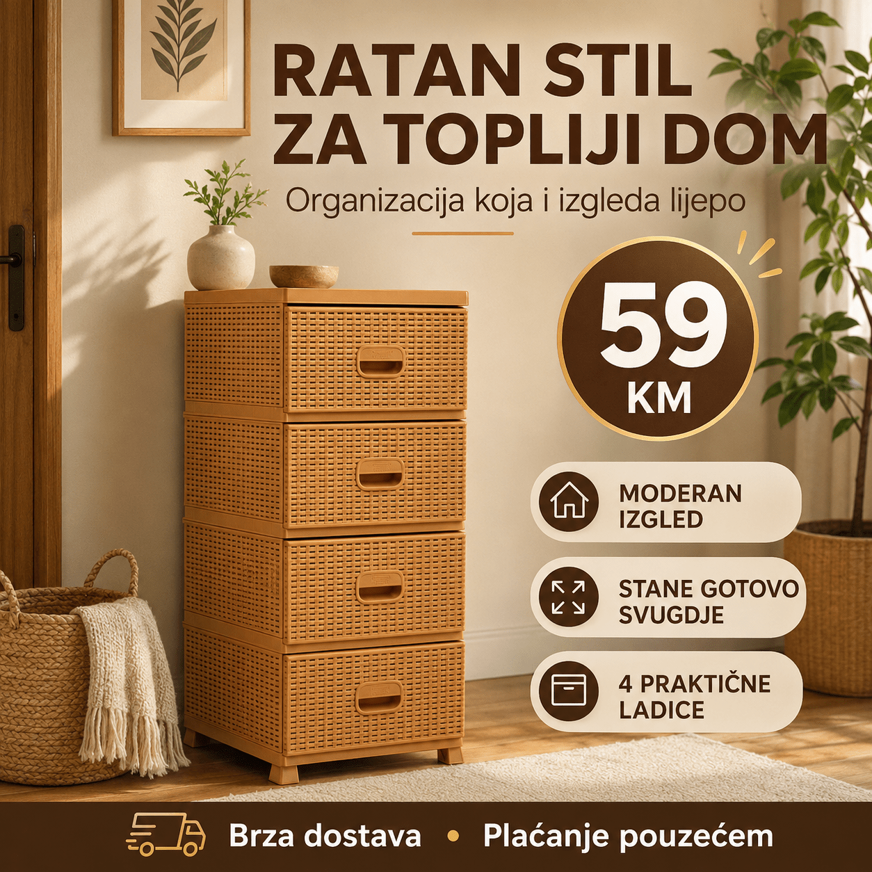 Komoda ratan s 4 ladice – Namještaj i Enterijer – Bijela – slika 25