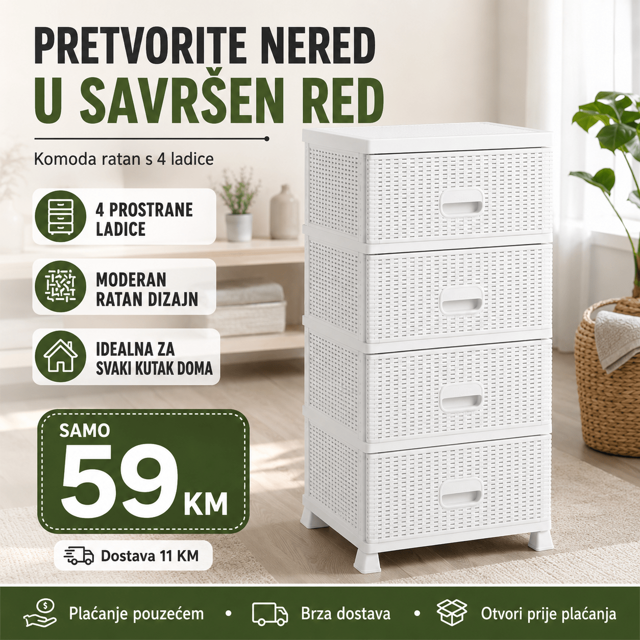 Komoda ratan s 4 ladice – Namještaj i Enterijer – Bijela – slika 4