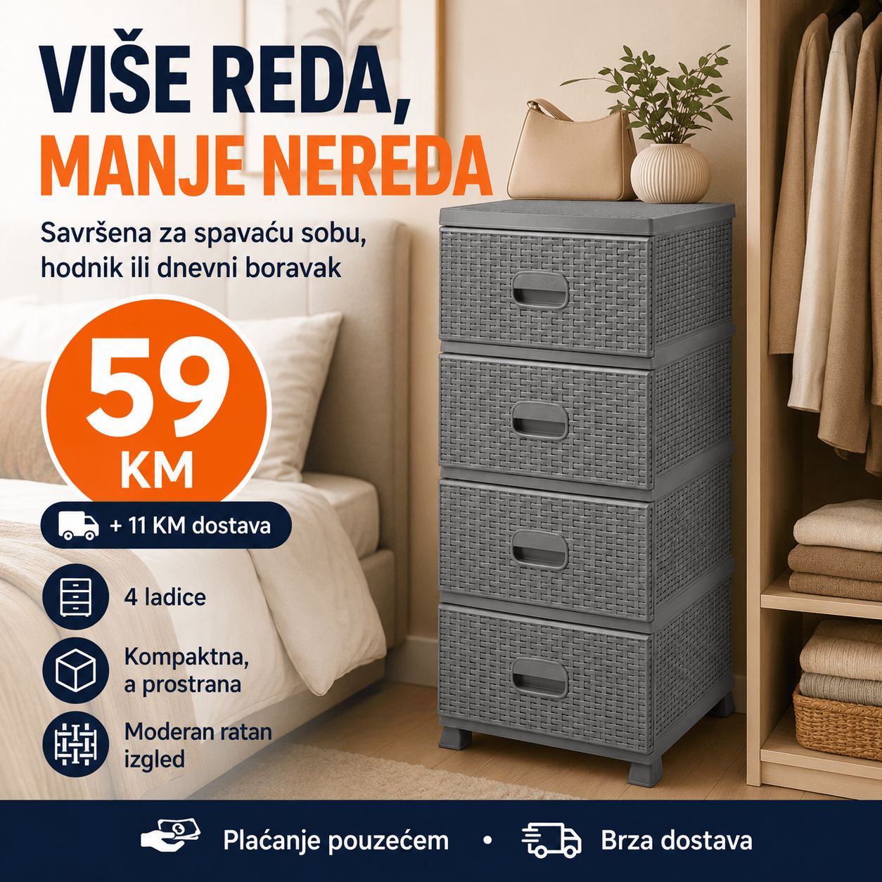 Komoda ratan s 4 ladice – Namještaj i Enterijer – Bijela – slika 15