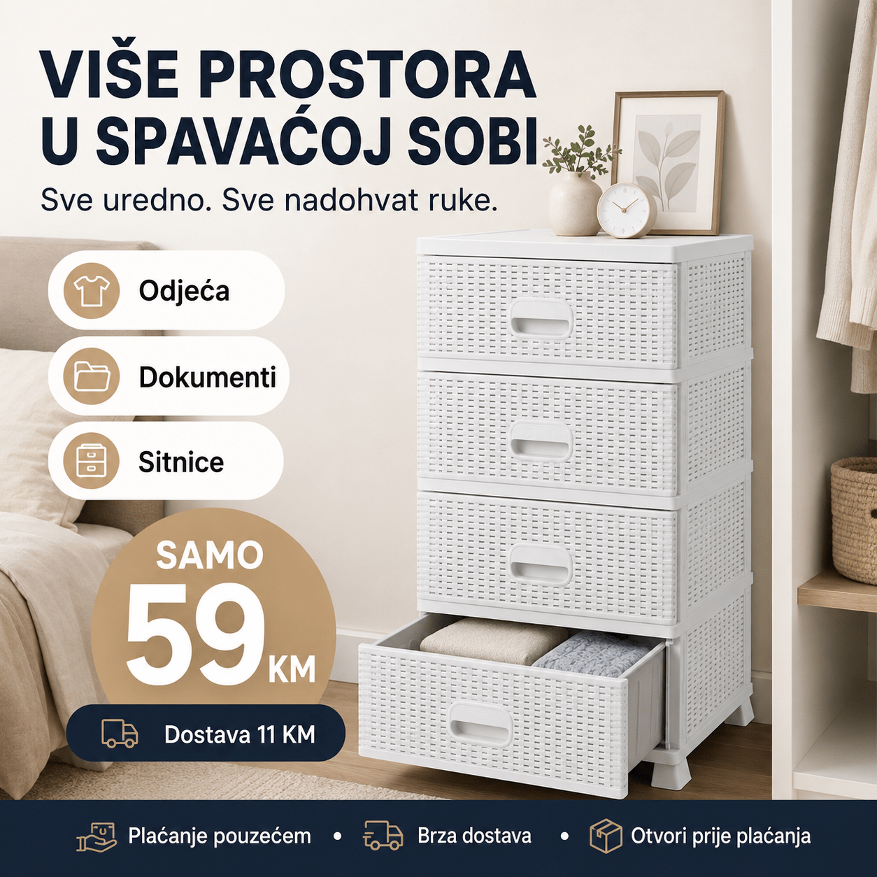 Komoda ratan s 4 ladice – Namještaj i Enterijer – Bijela – slika 9