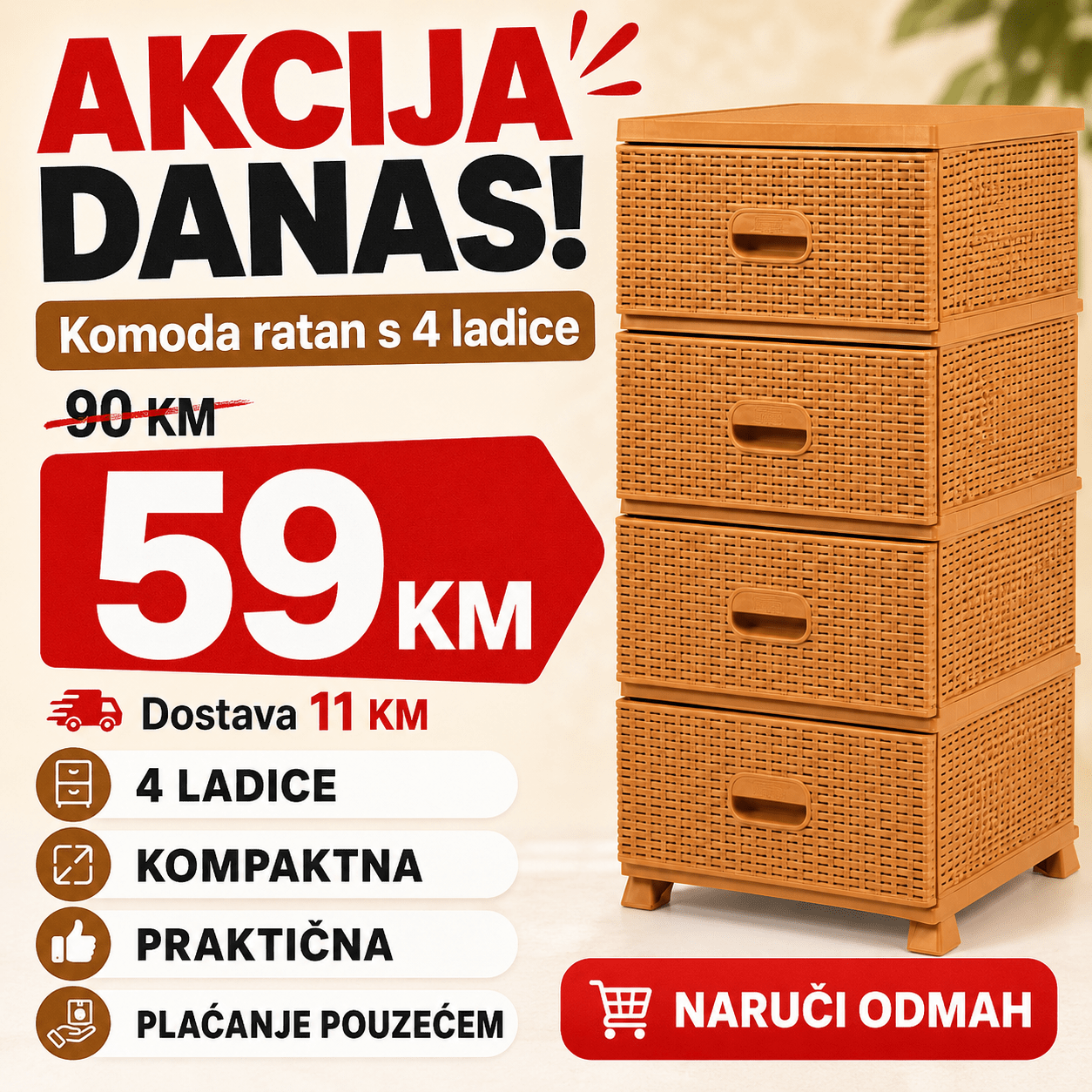 Komoda ratan s 4 ladice – Namještaj i Enterijer – Bijela – slika 7