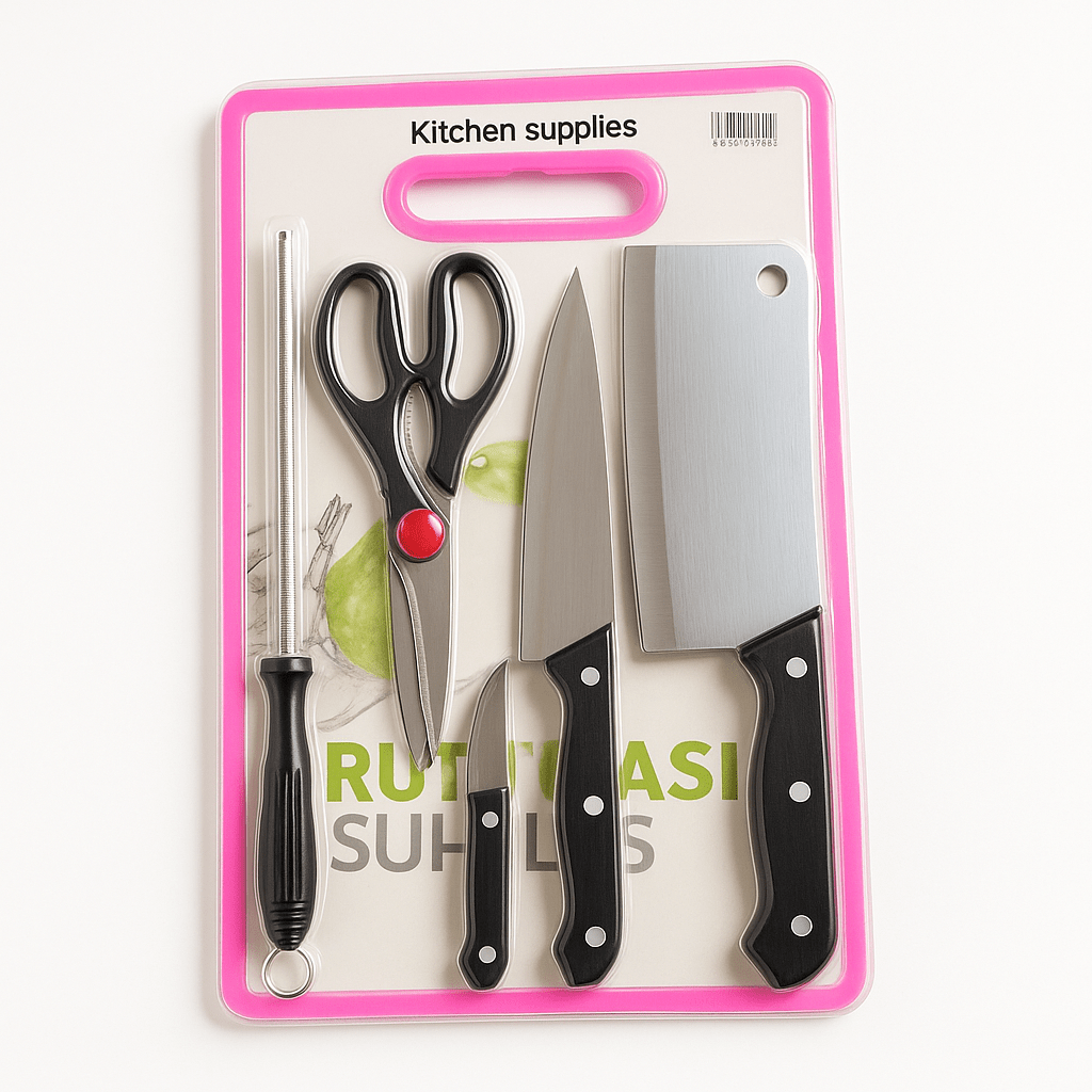 Kuhinjski Set 6u1 – Noževi, Makaze, Oštrač + Daska za Rezanje! – – – slika 1