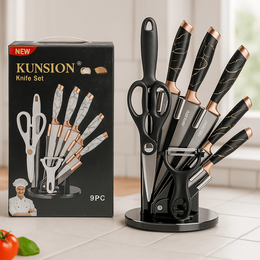 KUNSION 8‑dijelni set kuhinjskih noževa s rotirajućim postoljem – – Crna – slika 1