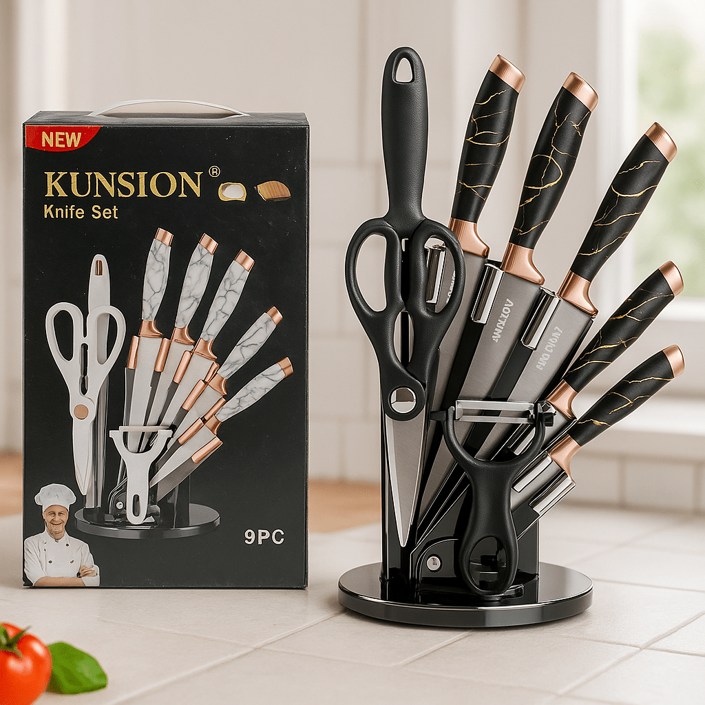 KUNSION 8‑dijelni set kuhinjskih noževa s rotirajućim postoljem – – Crna – slika 1