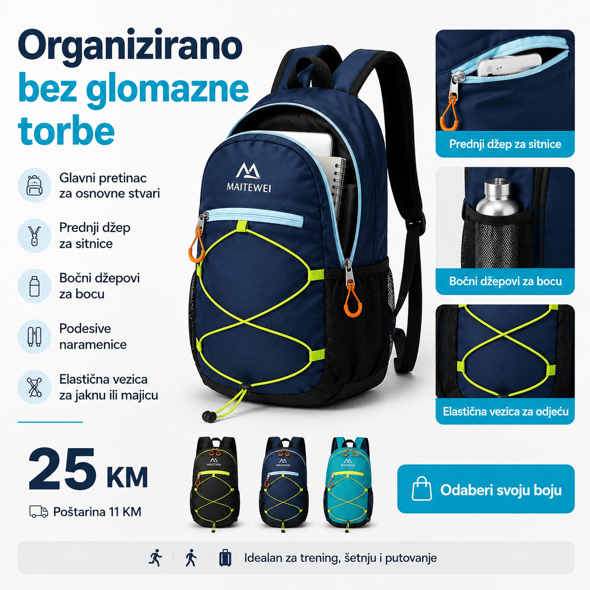 Lagani Sportski Ruksak 40 × 22 × 8 cm – Torbe i ruksaci – Crna – slika 4