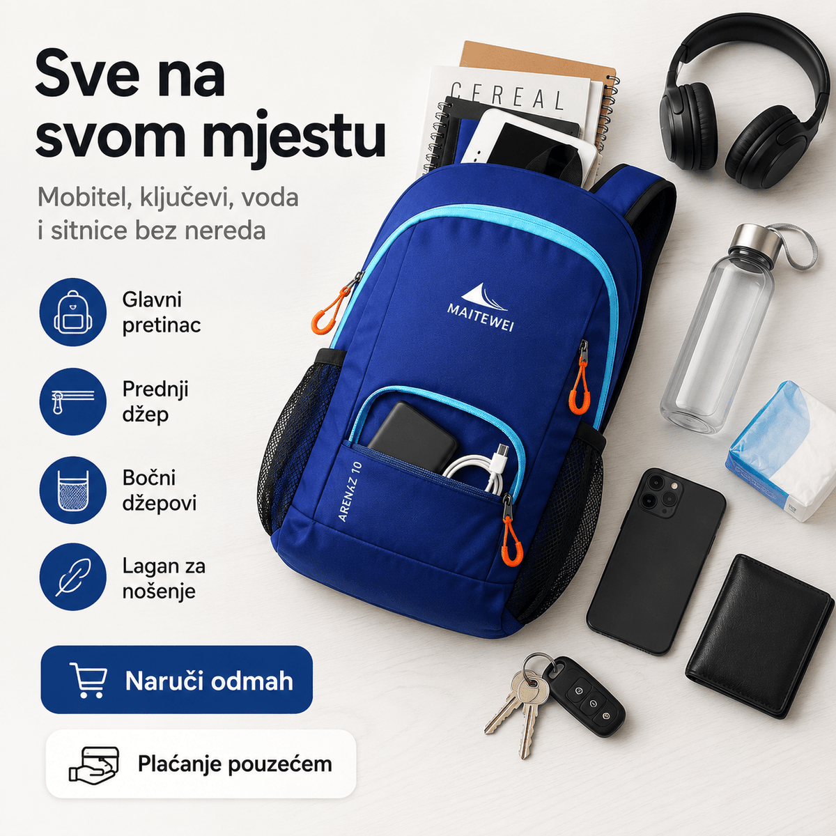 Lagani Sportski Ruksak za Svaki Dan – Torbe i ruksaci – Kraljevsko plava – slika 6