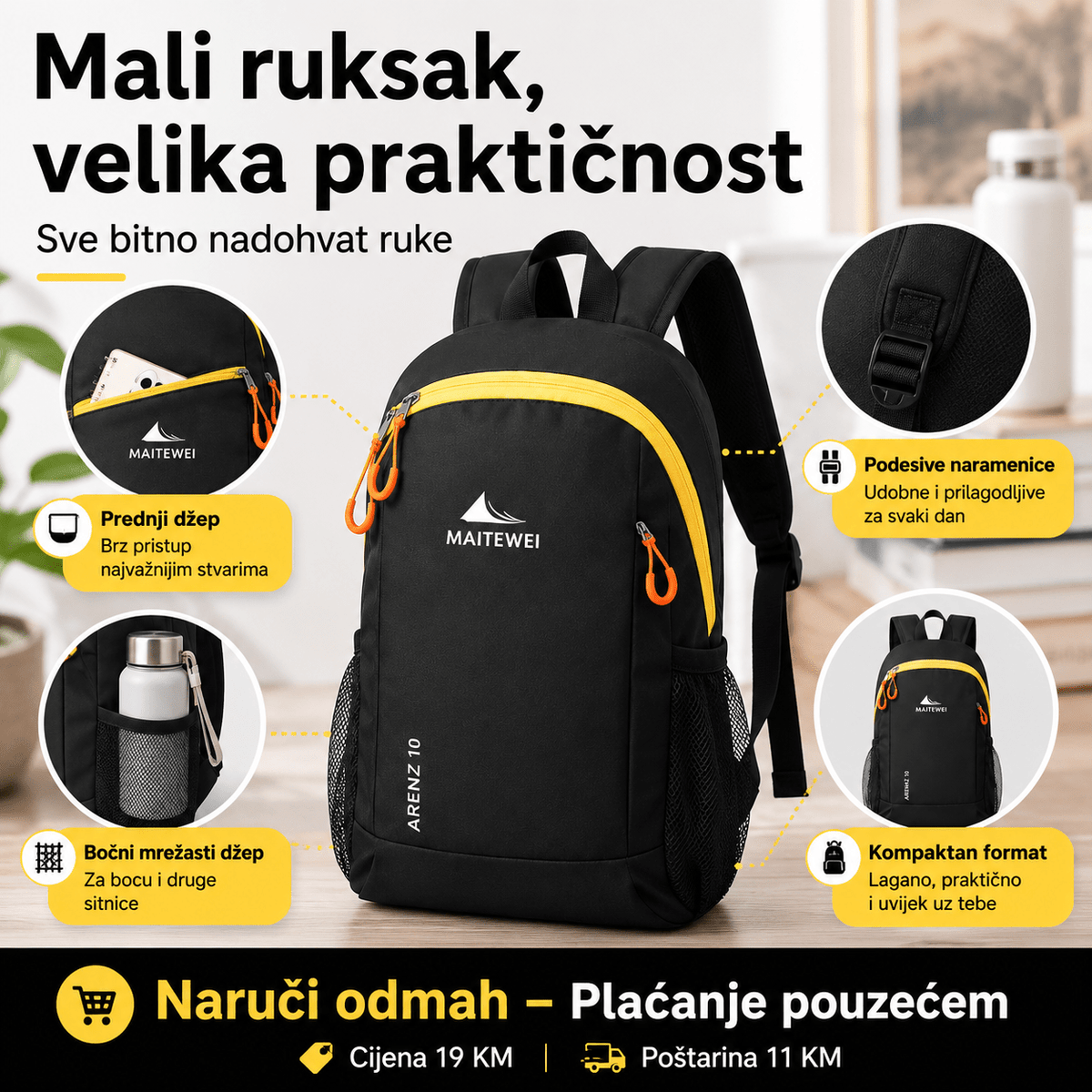 Lagani Sportski Ruksak za Svaki Dan – Torbe i ruksaci – Crna – slika 8