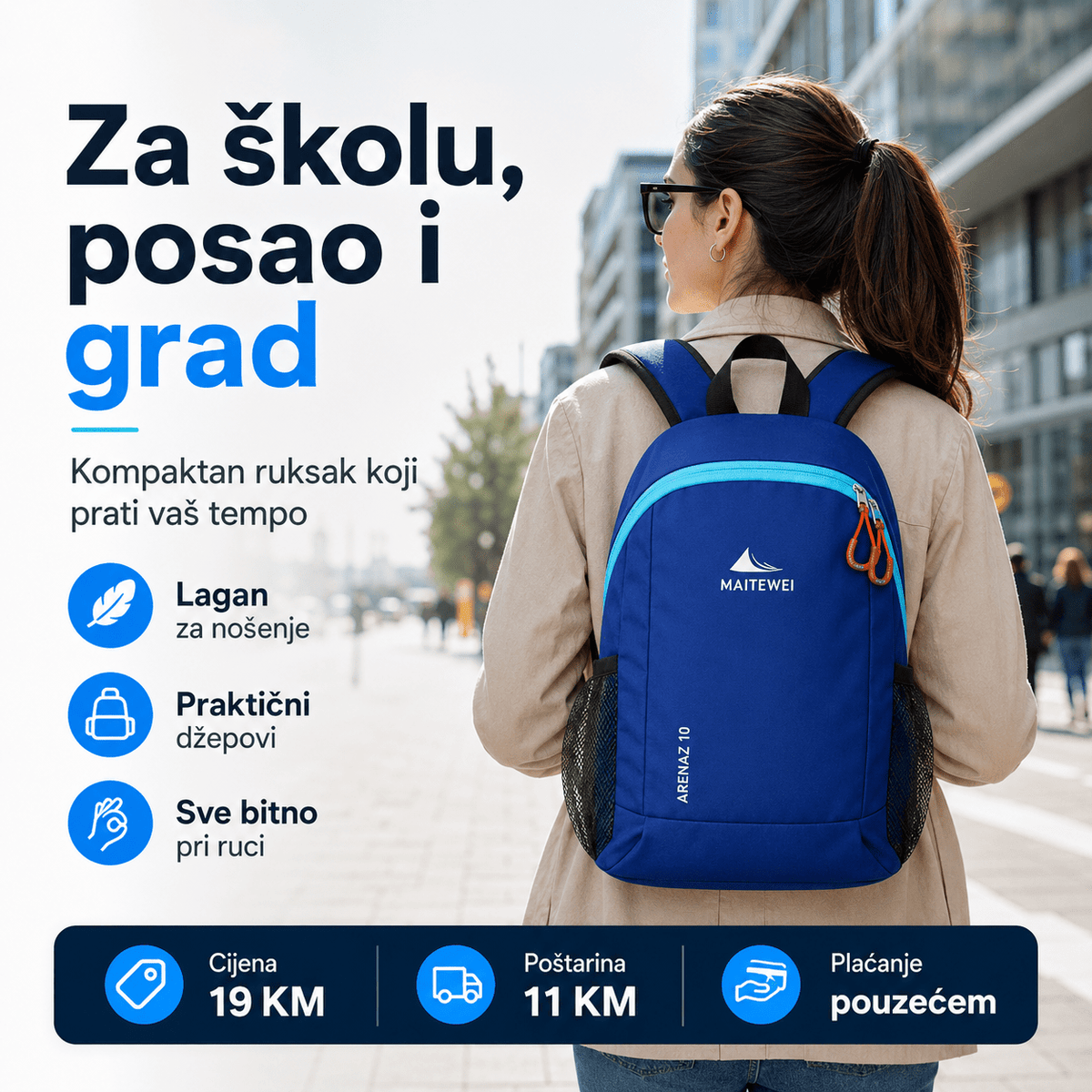 Lagani Sportski Ruksak za Svaki Dan – Torbe i ruksaci – Kraljevsko plava – slika 3
